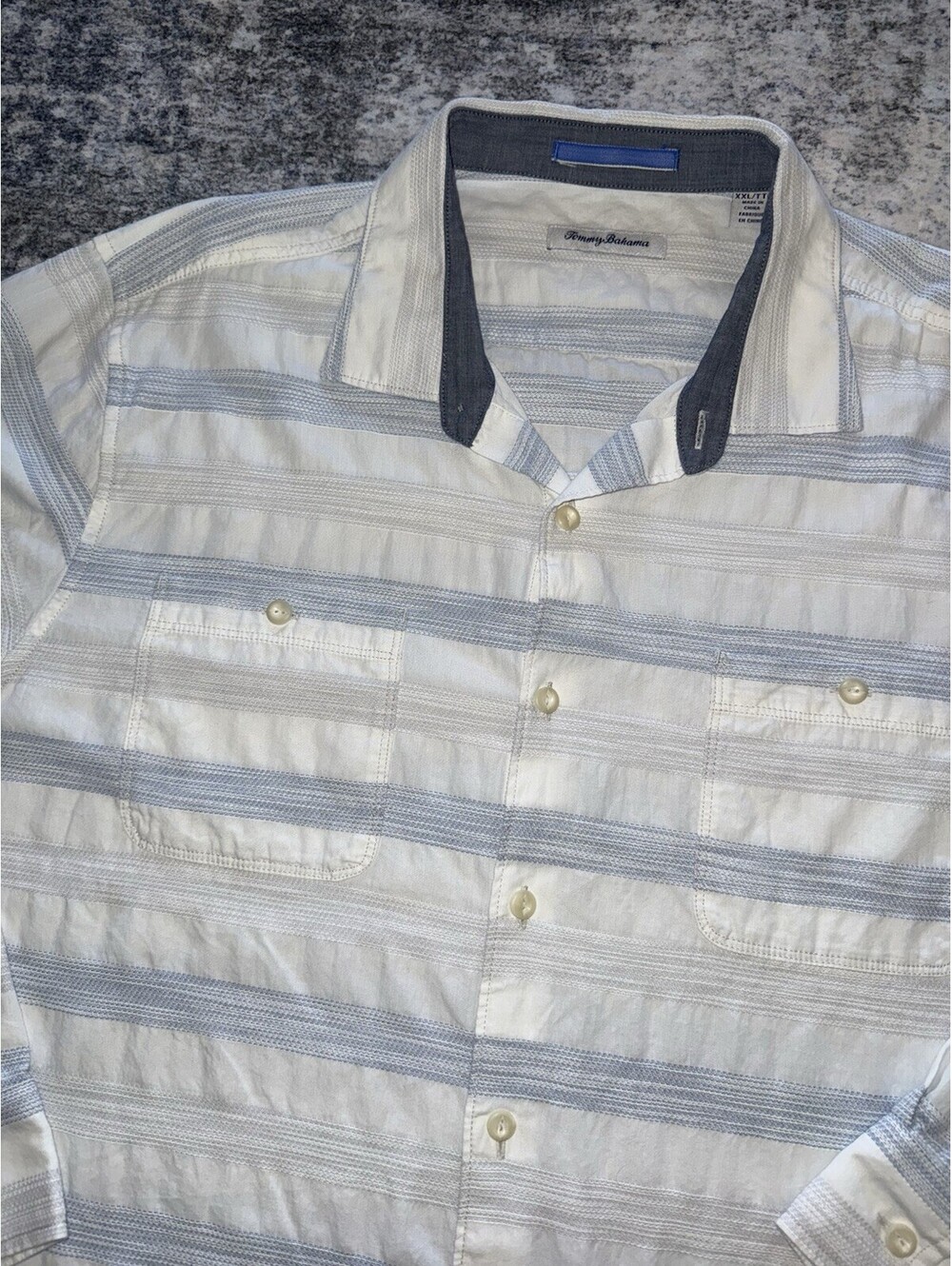 Tommy Bahama Mens XXL Button Up Shirt Blue White Stripe 100% Cotton Long Sleeve